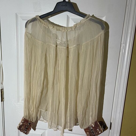 Free People sheer beige long sleeves blouse with gold sequins cuffs size Medium - Picture 7 of 15